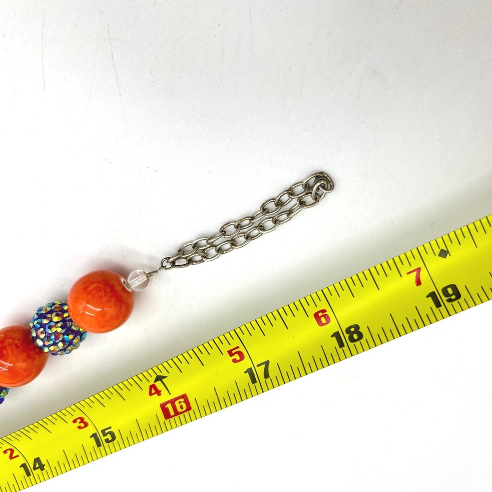 Orange Chunky Bead Necklace Iridescent Blue Pavé Rhinestone Statement 18.5" - Picture 4 of 6
